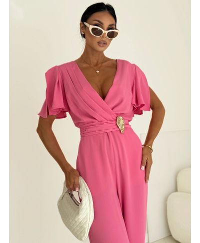 Tuta elegante donna rosa – Jumpsuit cerimonia- Scollo a portafoglio e pantaloni ampi - Tris - gogolfun.it