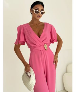Tuta elegante donna rosa – Jumpsuit cerimonia- Scollo a portafoglio e pantaloni ampi - Tris