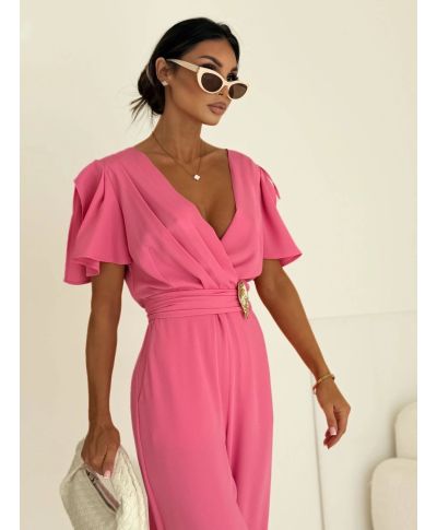 Tuta elegante donna rosa – Jumpsuit cerimonia- Scollo a portafoglio e pantaloni ampi - Tris - gogolfun.it