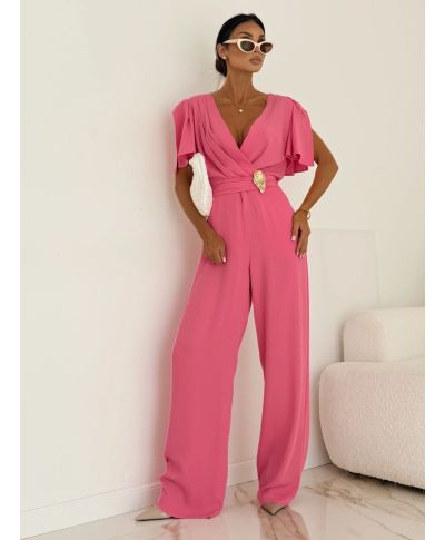 Tuta elegante donna rosa – Jumpsuit cerimonia- Scollo a portafoglio e pantaloni ampi - Tris - gogolfun.it