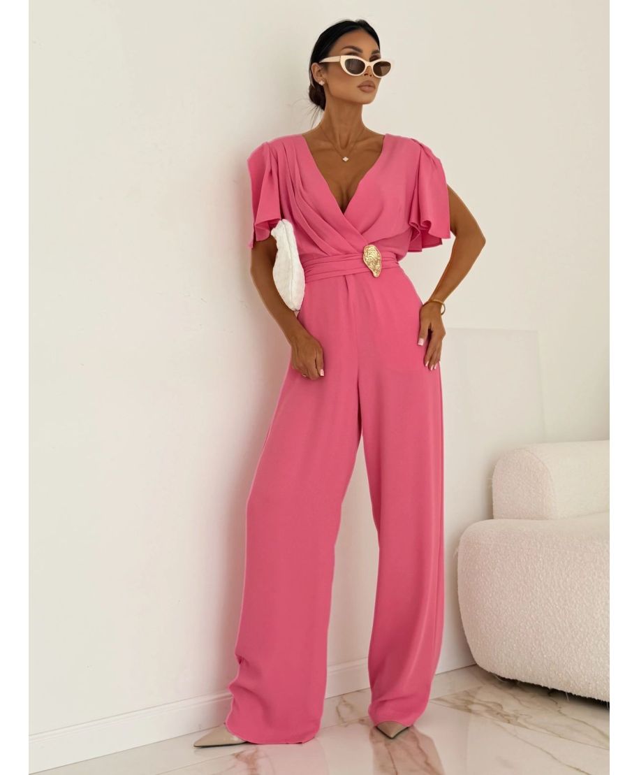 Tuta elegante donna rosa – Jumpsuit cerimonia- Scollo a portafoglio e pantaloni ampi - Tris - gogolfun.it