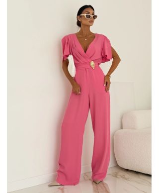 Tuta elegante donna rosa – Jumpsuit cerimonia- Scollo a portafoglio e pantaloni ampi - Tris - gogolfun.it