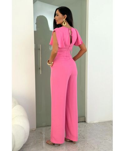 Tuta elegante donna rosa – Jumpsuit cerimonia- Scollo a portafoglio e pantaloni ampi - Tris - gogolfun.it