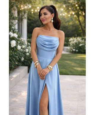 Abito da cerimonia azzurro satin ROCHEL con gonna fluida e corpetto drappeggiato