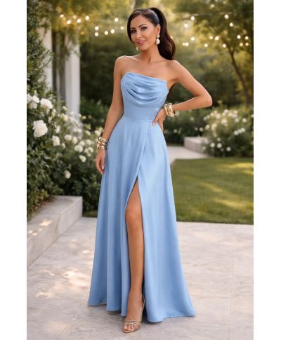 Abito da cerimonia azzurro satin ROCHEL con gonna fluida e corpetto drappeggiato - gogolfun.it