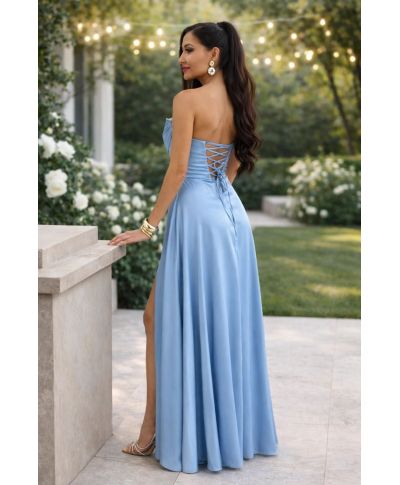 Abito da cerimonia azzurro satin ROCHEL con gonna fluida e corpetto drappeggiato - gogolfun.it