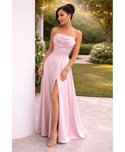 Vestito da cerimonia lungo - Rosa satin - Corsetto con lacci e spacco elegante - Rochel - gogolfun.it