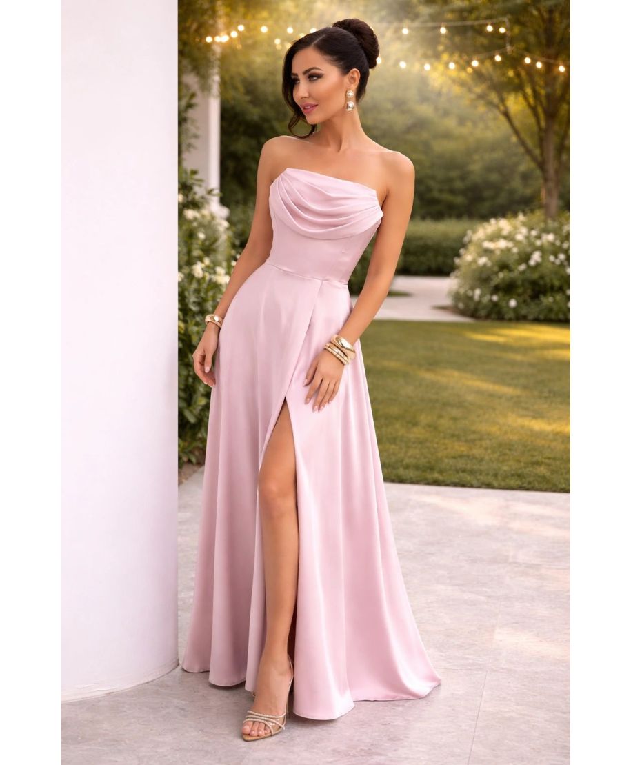 Vestito da cerimonia lungo - Rosa satin - Corsetto con lacci e spacco elegante - Rochel - gogolfun.it