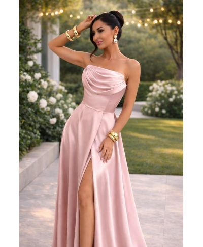 Vestito da cerimonia lungo - Rosa satin - Corsetto con lacci e spacco elegante - Rochel - gogolfun.it