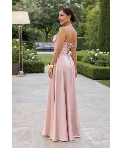 Vestito da cerimonia lungo - Rosa satin - Corsetto con lacci e spacco elegante - Rochel - gogolfun.it