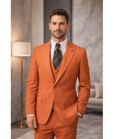 Abito uomo con gilet, arancio - Gilet monopetto