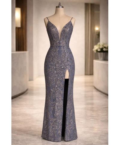 Abito da cerimonia a sirena azzurro polvere - Milos