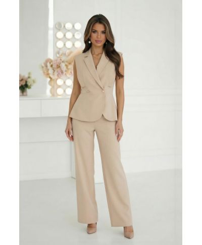 Completo beige da cerimonia donna con gilet strutturato e pantaloni a vita alta - Acario - gogolfun.it