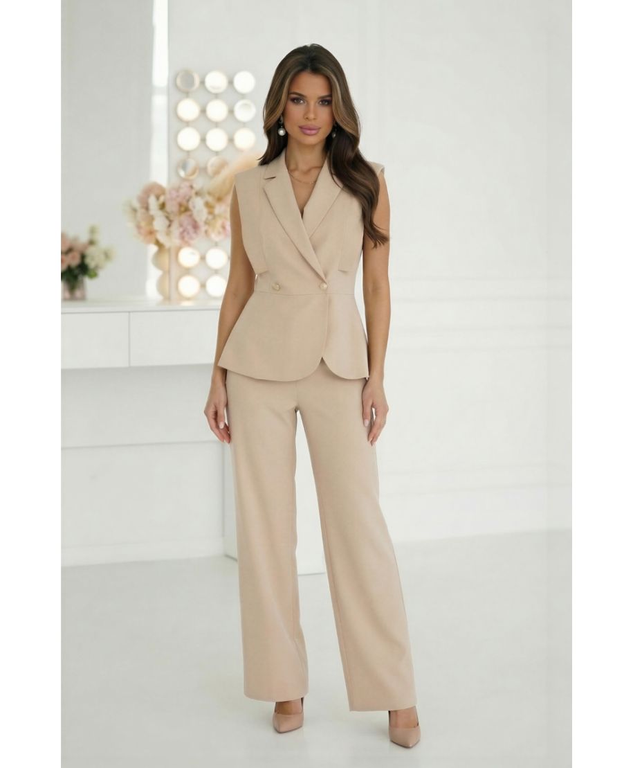 Completo beige da cerimonia donna con gilet strutturato e pantaloni a vita alta - Acario - gogolfun.it