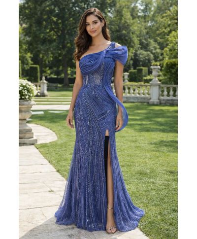 Vestito da cerimonia monospalla azzurro - Cornelia - Abiti da mamma della sposa - Gogolfun.it