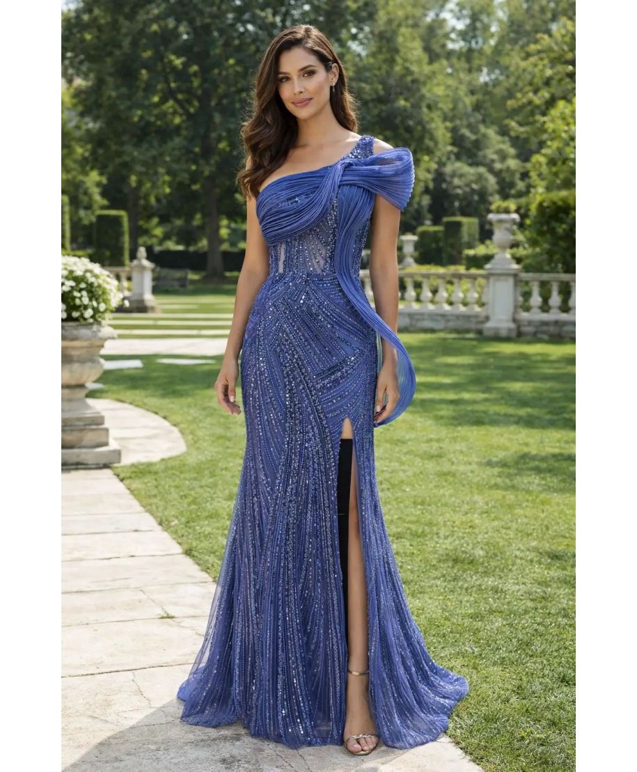 Vestito da cerimonia monospalla azzurro - Cornelia - Abiti da mamma della sposa - Gogolfun.it