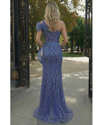 Vestito da cerimonia monospalla azzurro - Cornelia - Abiti da mamma della sposa - Gogolfun.it