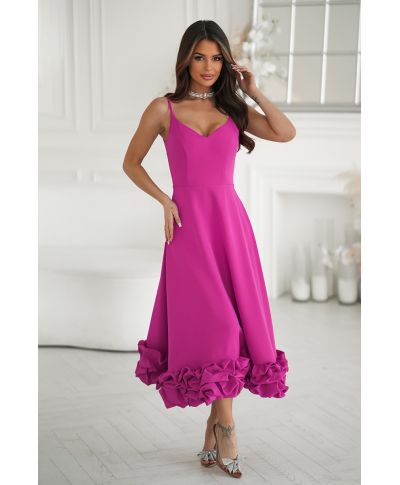 Abito midi elegante fucsia intenso con balza floreale 3D – Tessa
