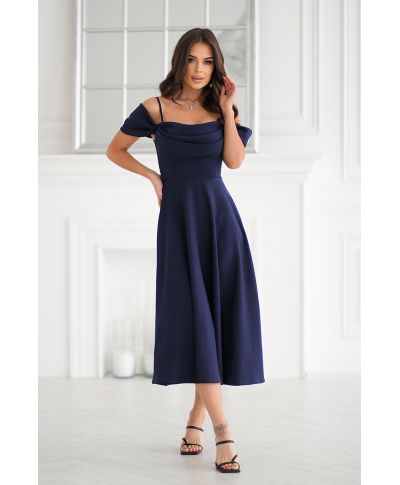 Abito midi blu navy a Linea A - Scollatura Drappeggiata – Palmira