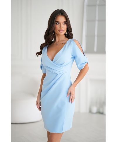 Abito elegante, colore Azzurro - Maniche a tre quarti - Spacco sul davanti - Dettagli sartoriali