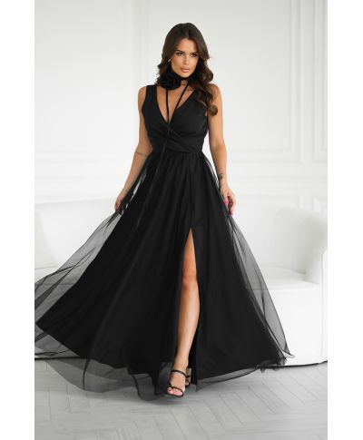 Abito elegante lungo - Spacco sulla gamba - Colore nero