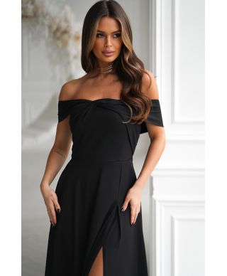 Abito lungo elegante -Tessuto nero luminoso - Spacco - Manichette cadenti sulle braccia