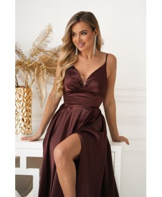 Vestito Lungo Satinato Marrone con Spacco e Schiena Regolabile - Ravenna