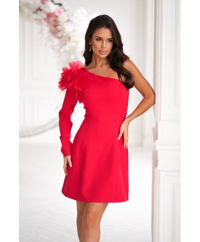 Abito monospalla - Corto - Fiore 3D - Gonna Svasata - Eleganza moderna per Eventi Speciali