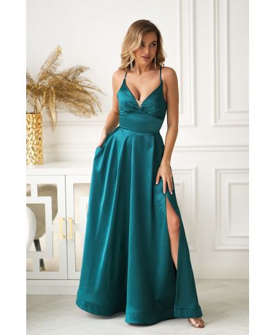 Vestito Lungo da Cerimonia Verde Smeraldo in Satin Brillante – Ravenna