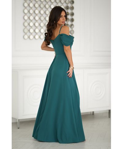 Abito elegante, lungo - Spacco sulla gamba - Spalline cadenti - Verde bottiglia
