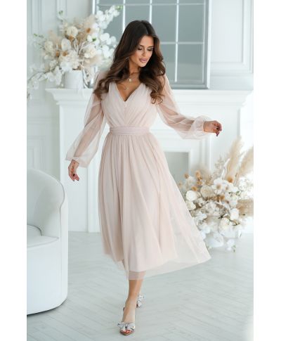 Abito donna - Con manichetta in tulle – Beige