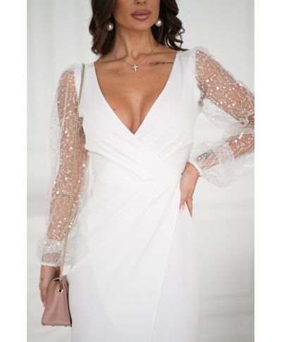 Abito da cerimonia con maniche trasparenti e paillettes - Écru