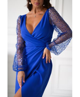 Abito da cerimonia con maniche trasparenti e paillettes - Blu fiordaliso