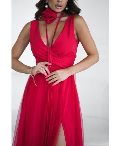 Abito elegante lungo - Spacco sulla gamba - Rosso