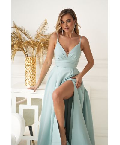 Abito lungo da sera menta con corsetto e tasche – Ravenna