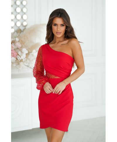 Vestito corto, rosso - Tubino mono spalla