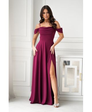 Abito elegante, lungo - Spacco sulla gamba - Spalline cadenti - Bordeaux