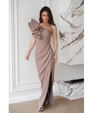 Abito elegante, lungo – Mono spalla - Colore cammello - Fiora
