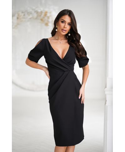 Elegante abito a tubino - Scollo a V- Maniche con spacco - Colore nero