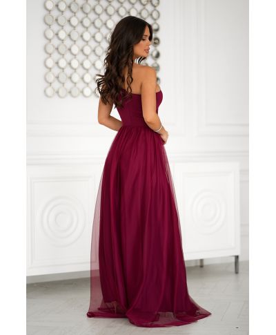 Vestito lungo elegante bordeaux - Corpetto decorato - Nia