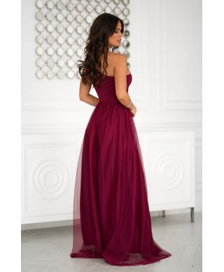 Vestito lungo elegante bordeaux - Corpetto decorato - Nia