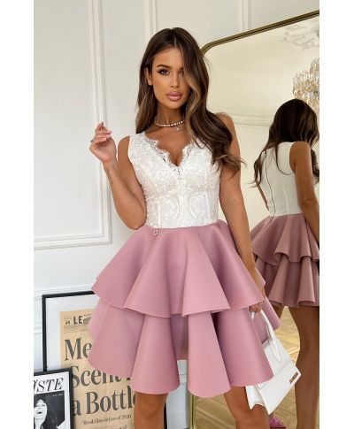 Abito corto elegante – Ecrù - rosa antica - Gonna a palloncino