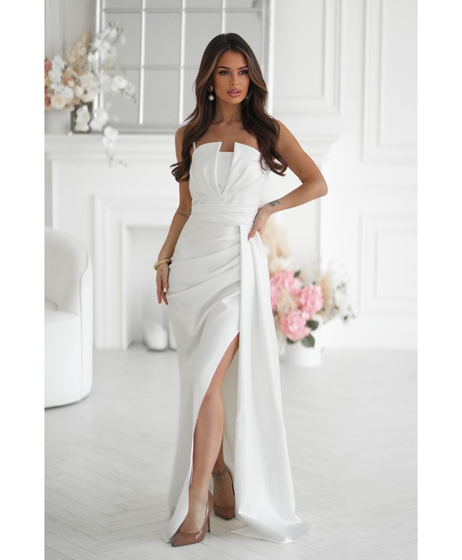 Abito elegante da cerimonia ecru con scollatura geometrica e spacco – Oriana