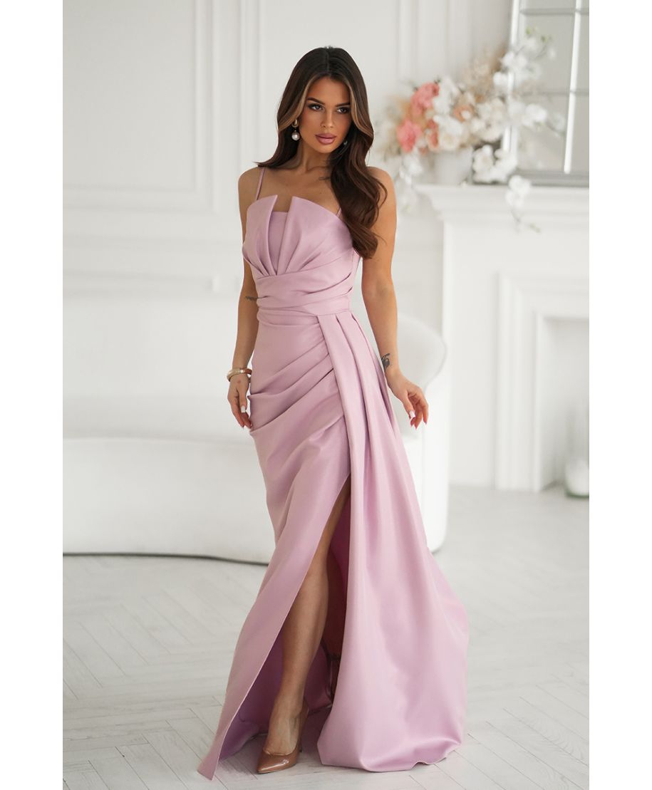 Abito elegante da cerimonia rosa con scollatura geometrica e spacco – Oriana