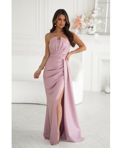 Abito elegante da cerimonia rosa con scollatura geometrica e spacco – Oriana