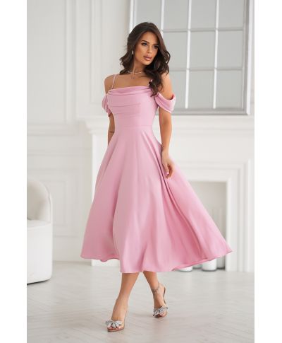 Abito midi elegante - Scollo Morbido - Manichette cadenti - Rosa sporco