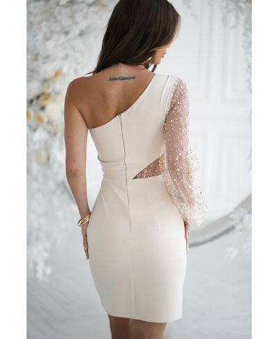 Abito elegante corto- Beige con paillettes e manica mono spalla – Modello tubino asimmetrico