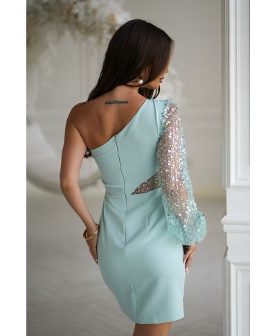 Abito elegante corto- Salvia con paillettes e manica mono spalla – Modello tubino asimmetrico