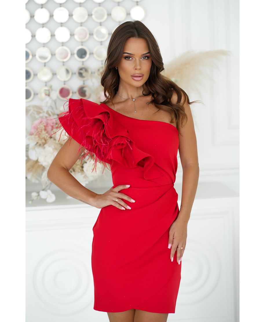 Vestito corto elegante con piume, Rosso - Fiora Mini