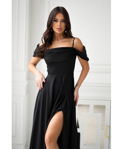 Abito elegante, lungo - Spacco sulla gamba - Spalline cadenti - Nero